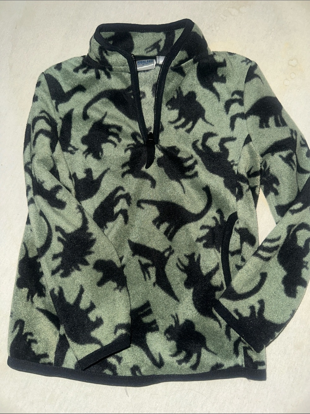 Kids Size 4 Olive Green and Black Dinosaur Zip Fleece